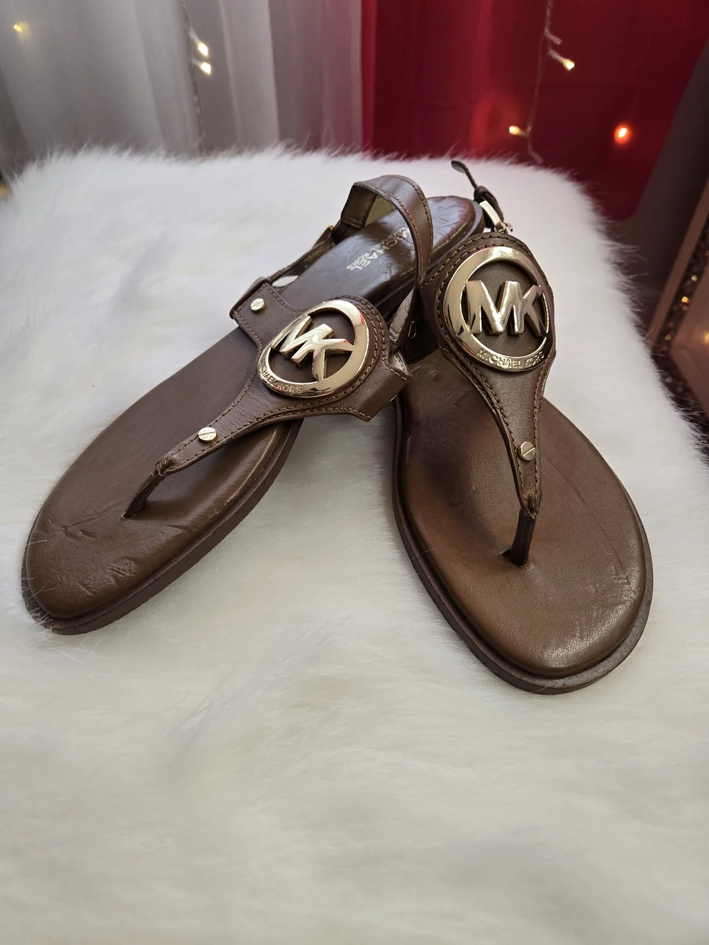 Michael Kors Brown Leather Logo Thong Sandals with Gold MK Medallions